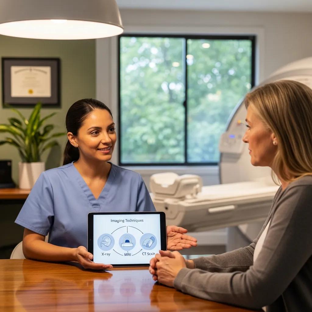 Clinician discussing women's imaging options with a patient in a comfortable consultation room