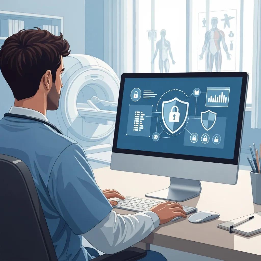Healthcare professional monitoring patient data with cybersecurity overlays