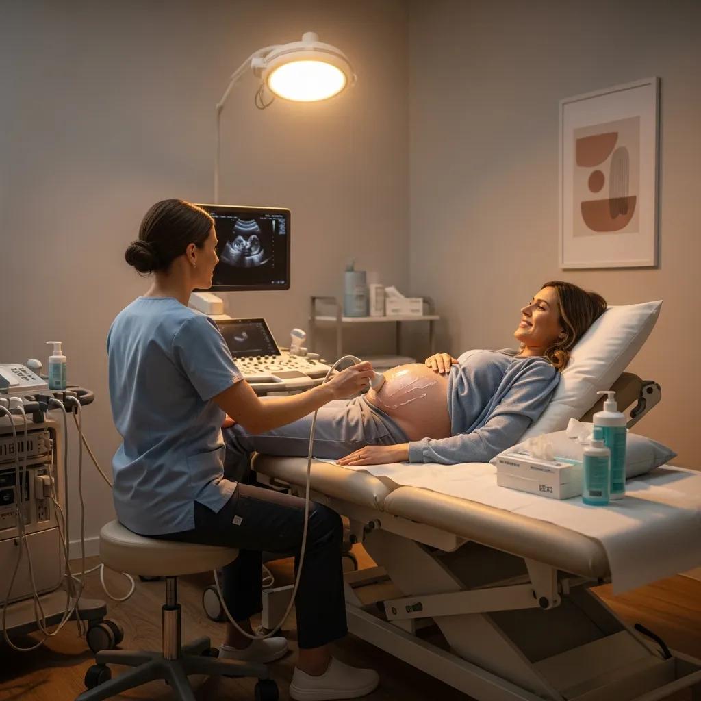 Healthcare professional performing an ultrasound on a pregnant woman in a clinical setting, showcasing real-time imaging for obstetric monitoring.
