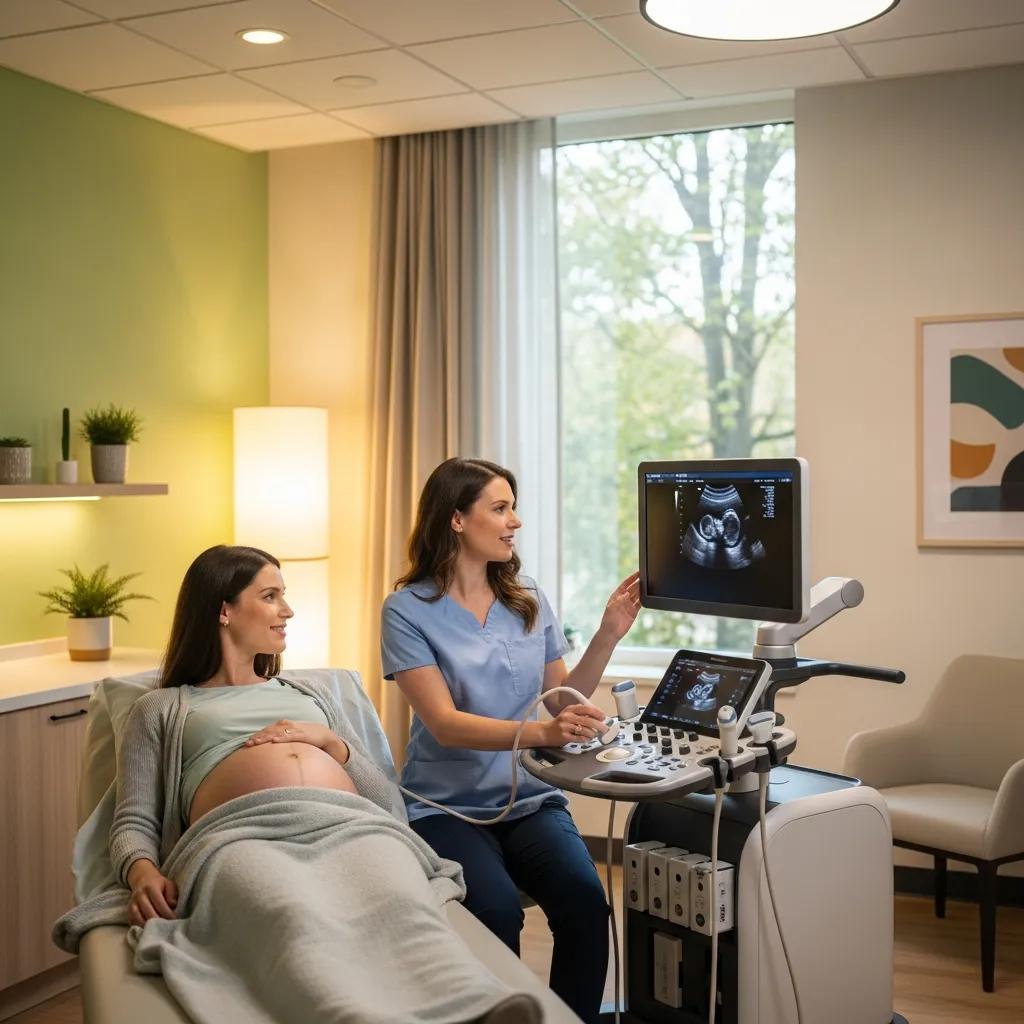 Healthcare professional performing an obstetric ultrasound on a pregnant woman in a modern, caring environment, showcasing fetal development on the ultrasound monitor.