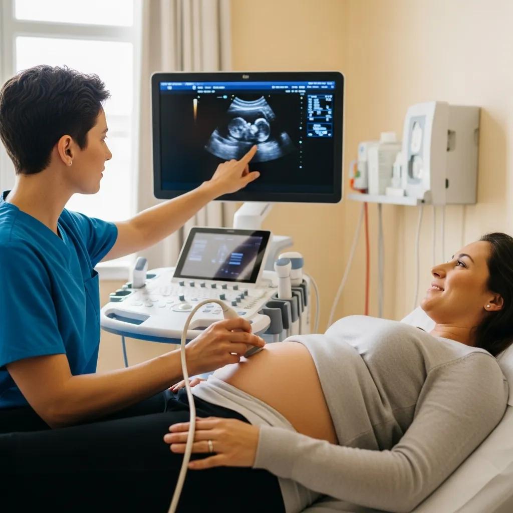 Sonographer performing an obstetric ultrasound in a comfortable clinic setting on the Central Coast