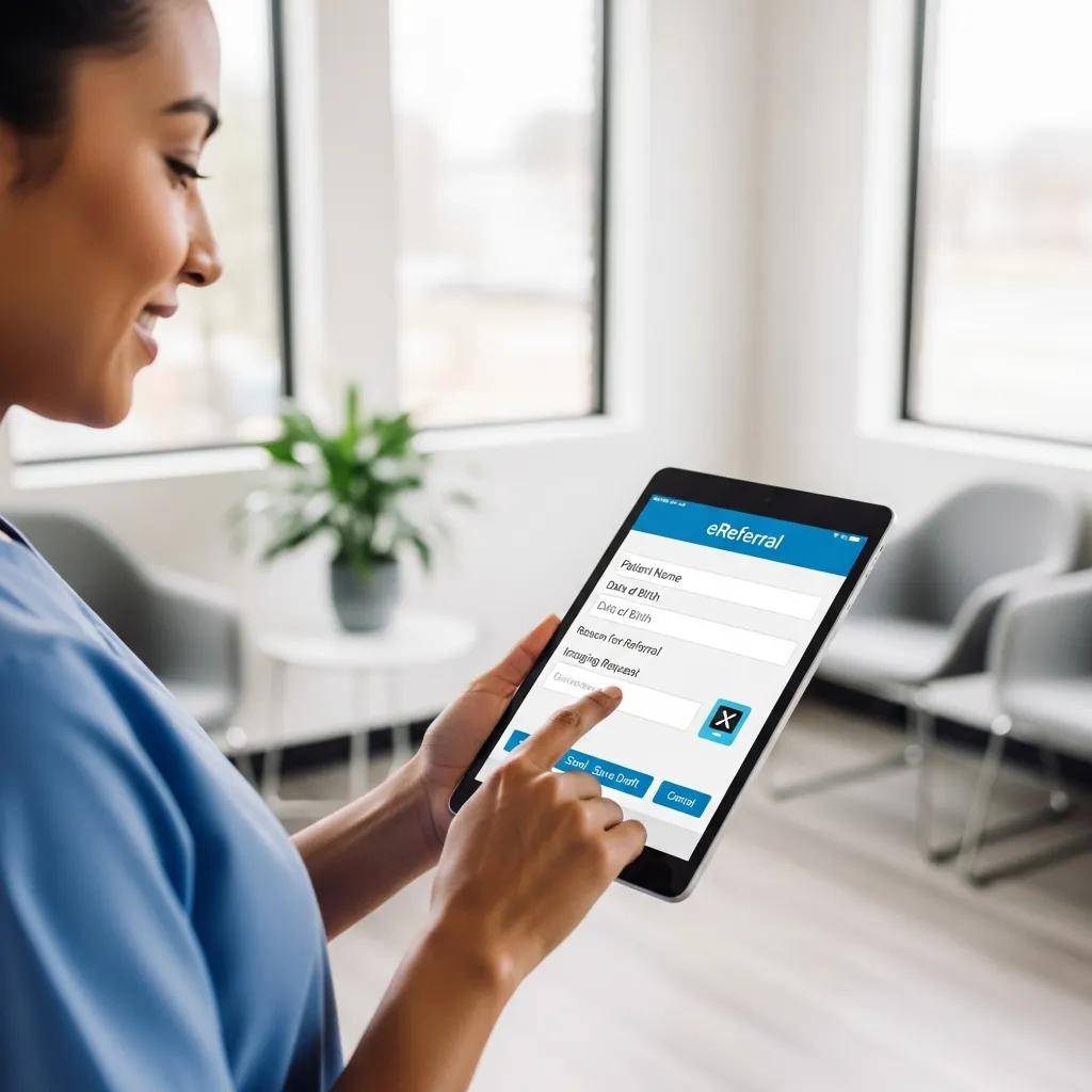 Clinician sending an eReferral on a tablet in a bright clinic