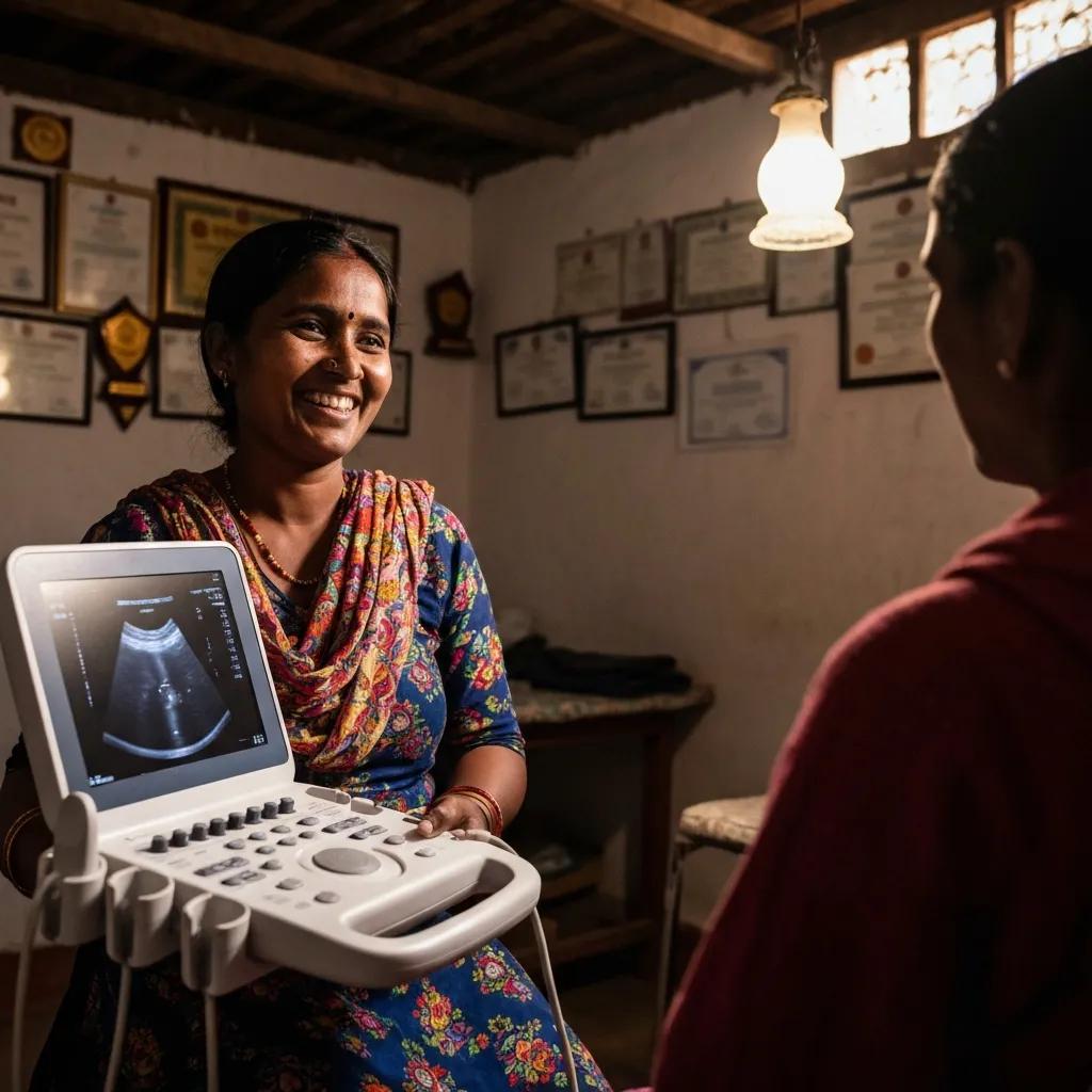 Healthcare professional using a portable ultrasound machine in an emergency setting, emphasizing accessibility in medical imaging