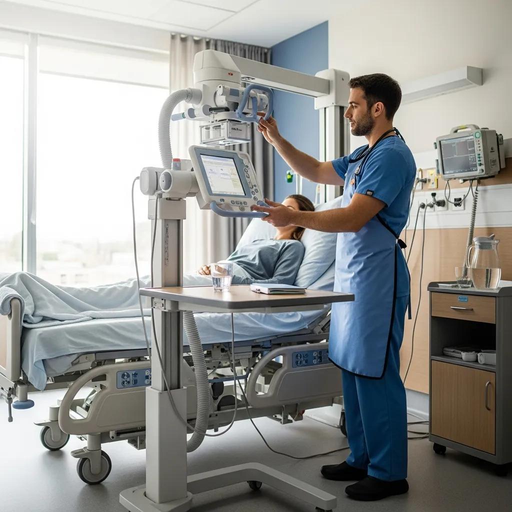 Portable X‑ray unit being used at a patient bedside