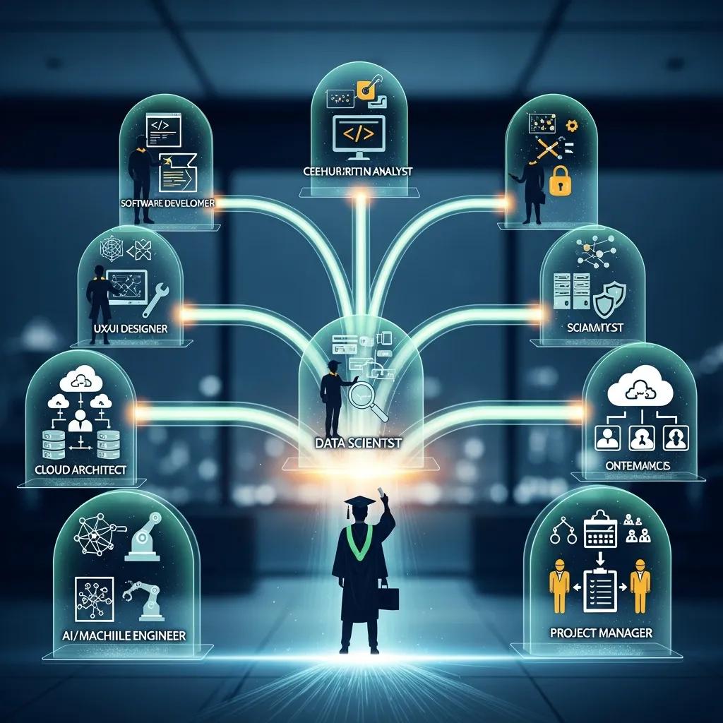 Graphic showing career paths for tech graduates such as software developer, data scientist and cybersecurity analyst