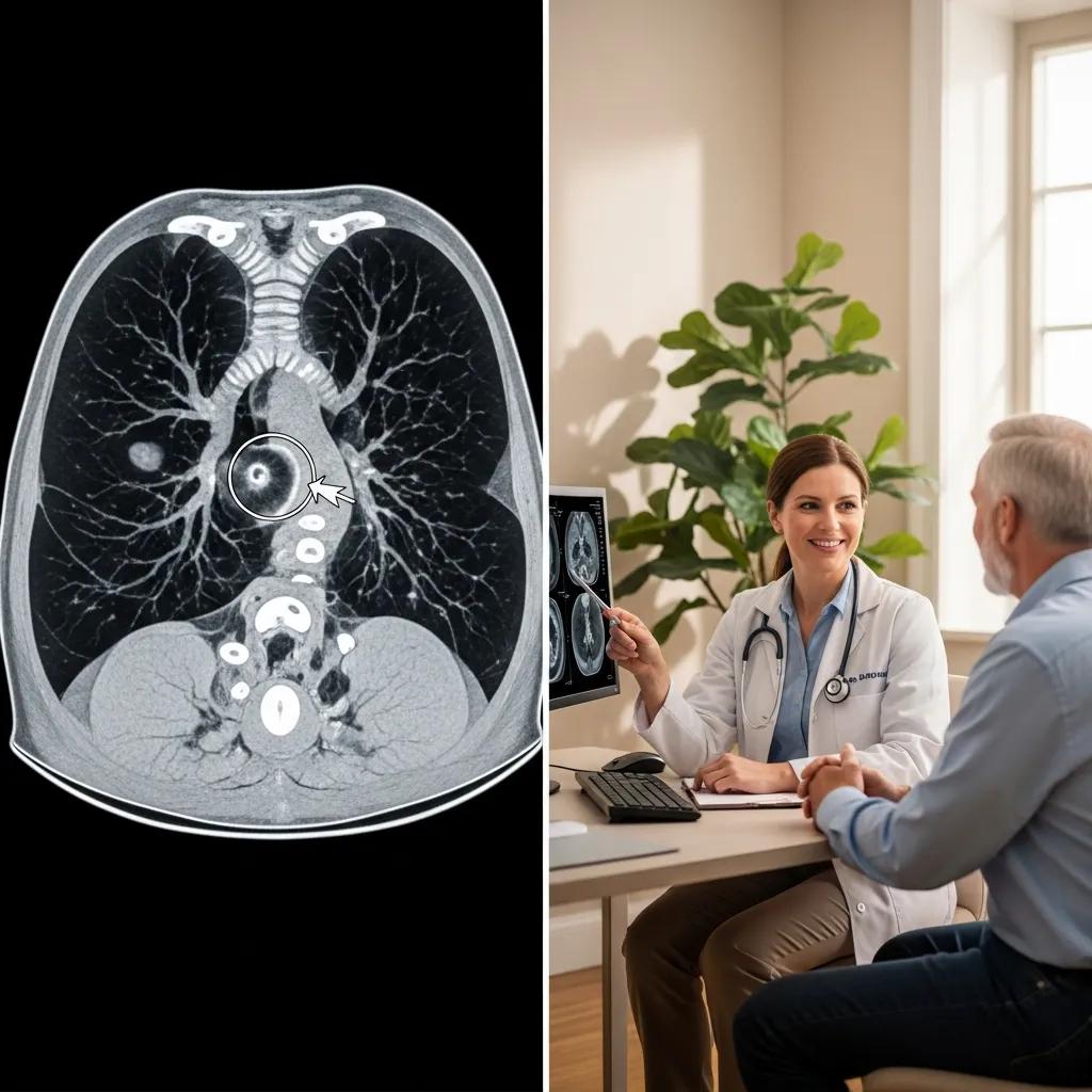 CT scan image of lungs alongside a doctor discussing results with a patient in a medical office setting, highlighting the benefits of CT imaging for diagnosis and treatment planning.