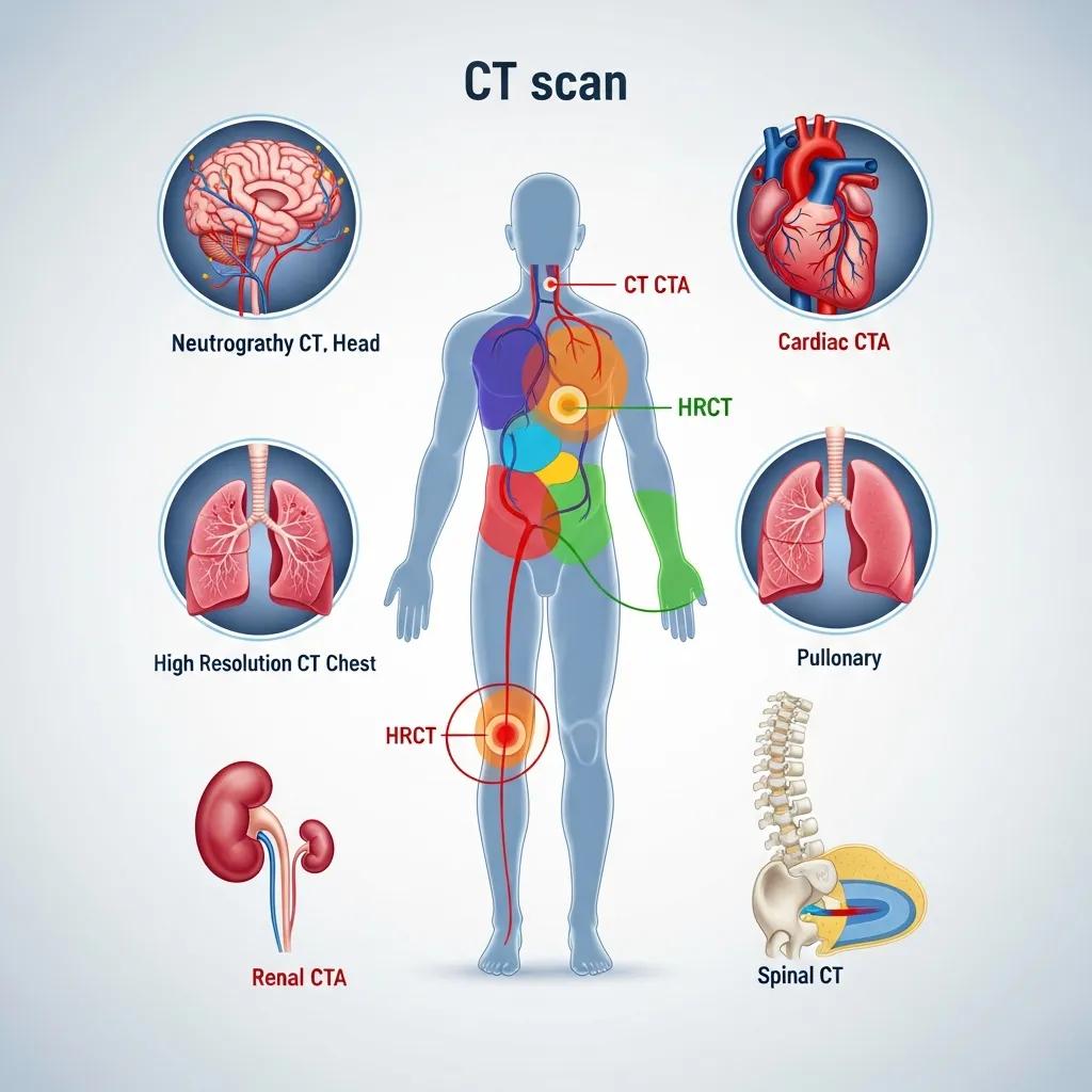 Diagram showing specialised CT scan types and typical clinical uses