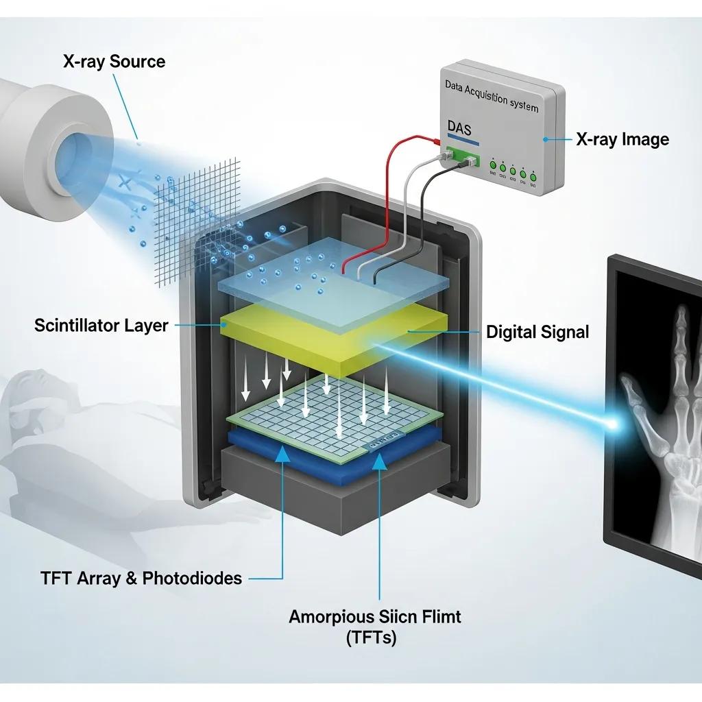 Illustration of digital X-ray technology showing X-ray source, scintillator layer, TFT array, photodiodes, and data acquisition system, depicting the conversion of X-ray photons into digital signals for instant imaging.