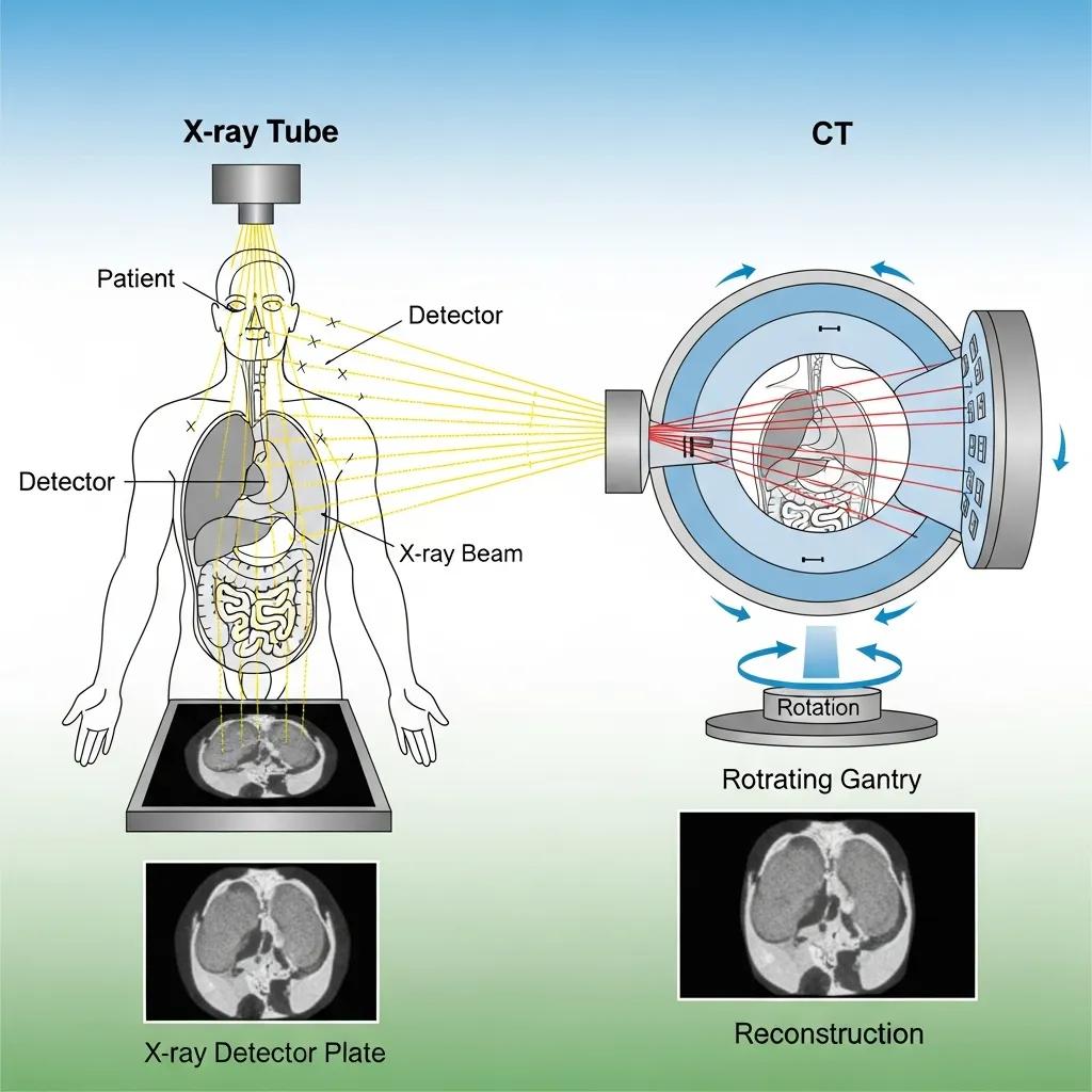 Diagram showing X‑ray and CT beam paths and detector capture