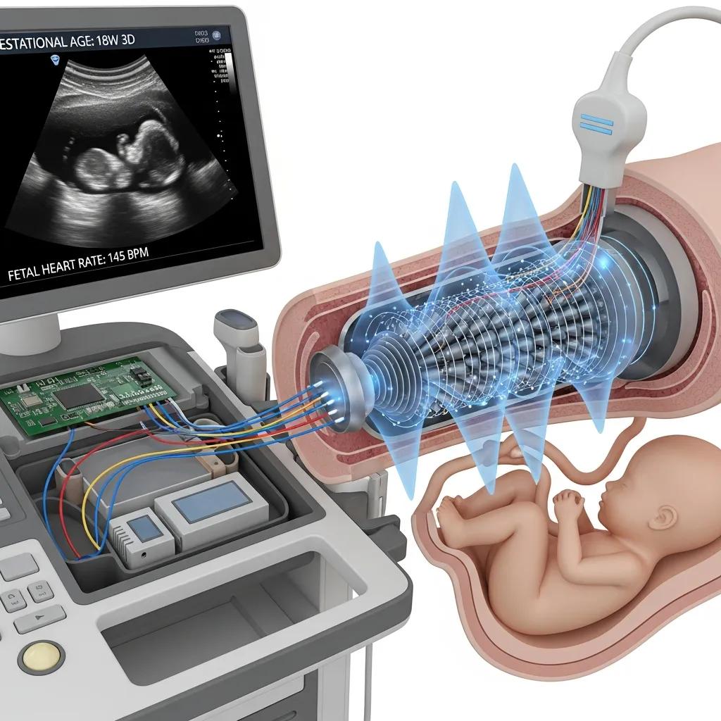 Diagram showing ultrasound waves and how returning echoes form images