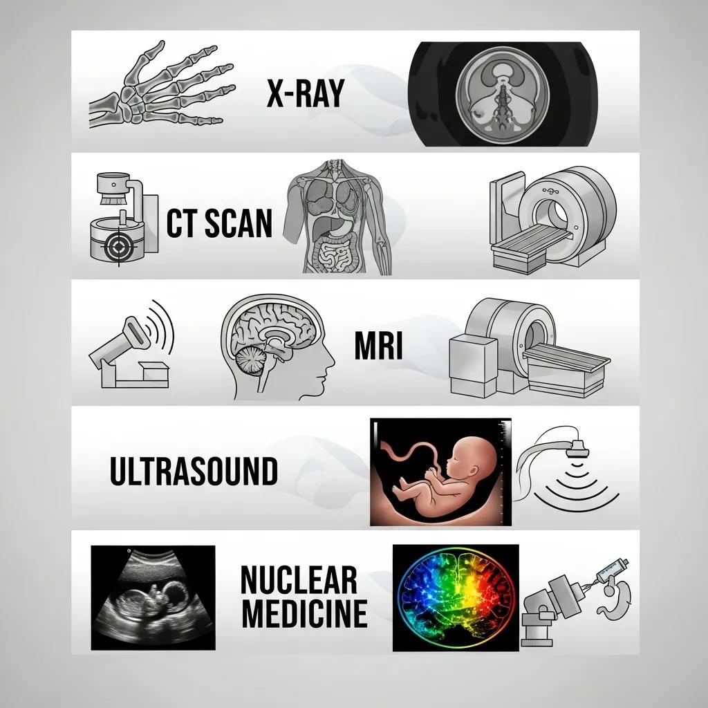 Diagram showing common medical imaging types: X‑ray, CT, MRI, ultrasound and nuclear medicine