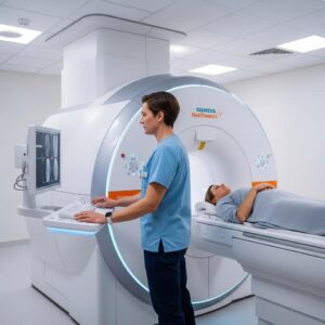 Medical imaging professional operating advanced imaging equipment in a clinical setting