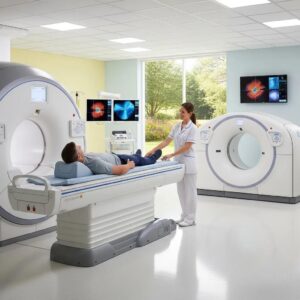 Medical imaging room with MRI and CT scanner, healthcare professional assisting patient