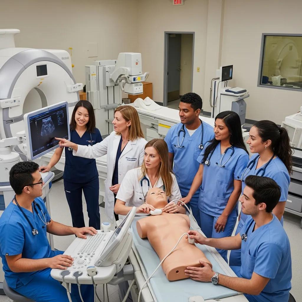 Students practising medical imaging techniques under supervision in a training setting