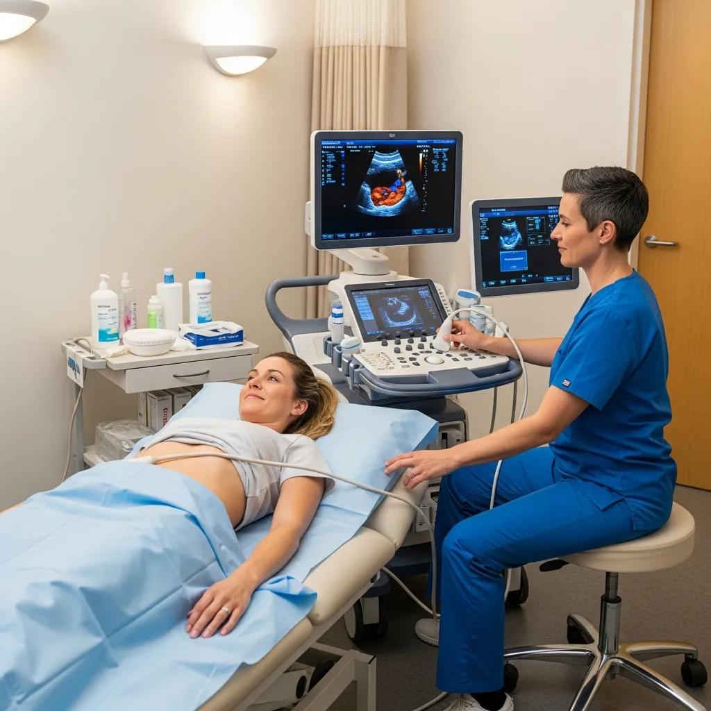 Medical professional conducting an ultrasound scan, showcasing the ultrasound machine and patient interaction