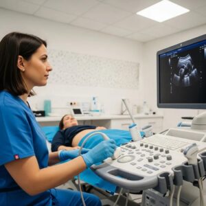 Medical professional conducting an ultrasound scan, showcasing the ultrasound machine and patient interaction
