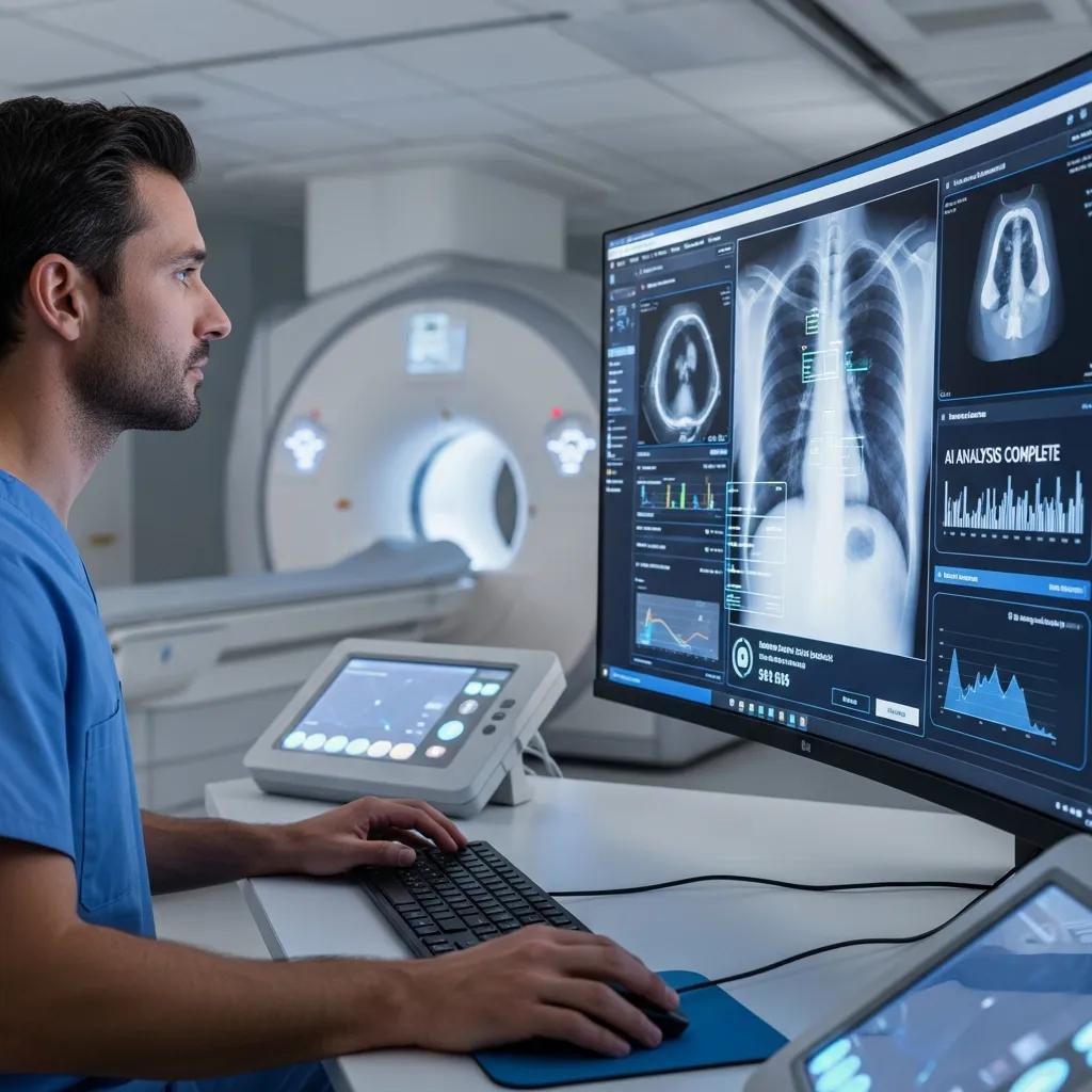 Clinician reviewing images with AI assistance — advances in imaging technology and workflow
