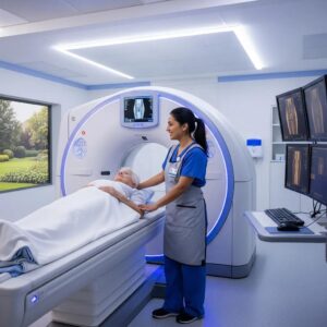 Radiographer operating a CT scanner in a modern clinical setting