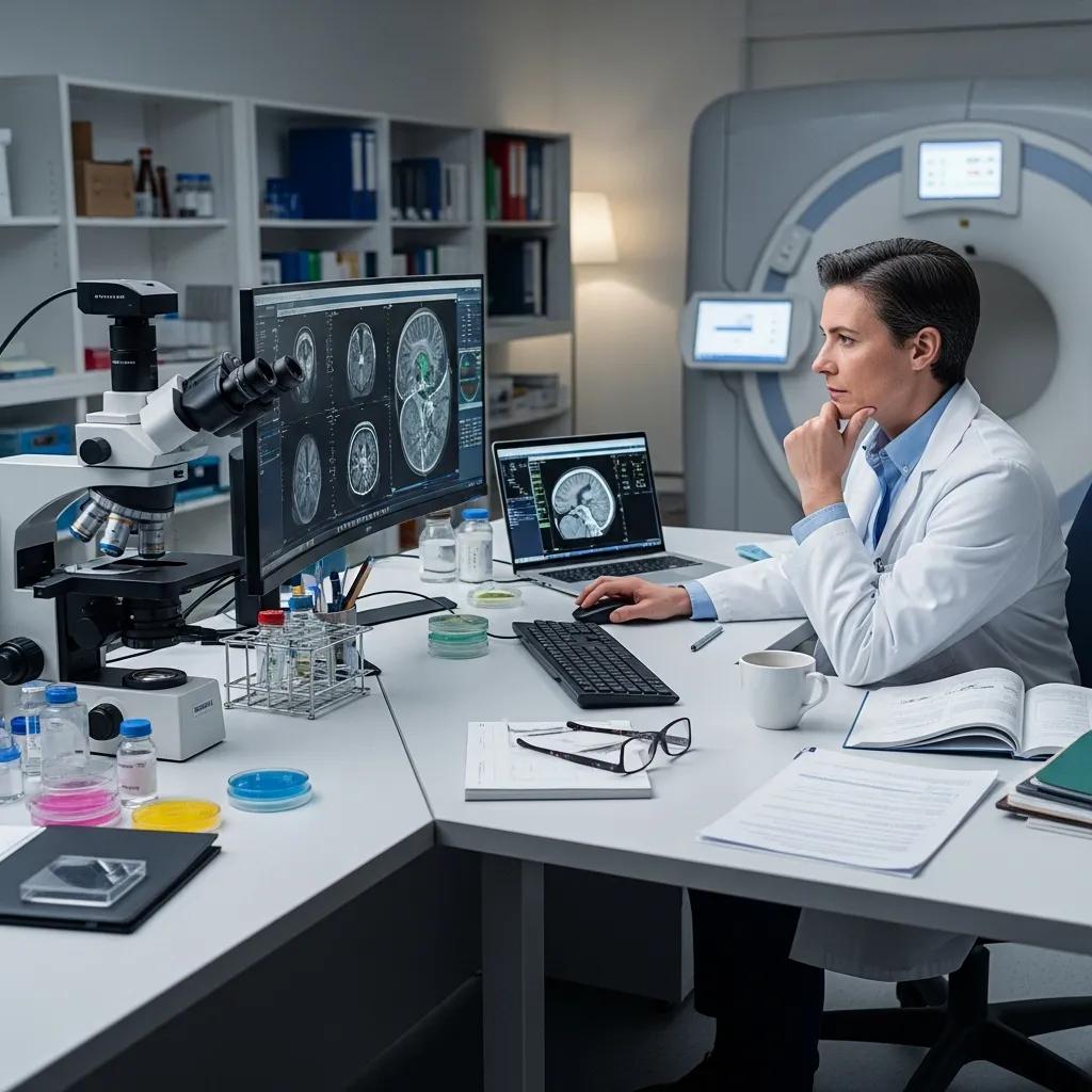 Researcher reviewing imaging data in the lab, showing medical science contribution to innovation