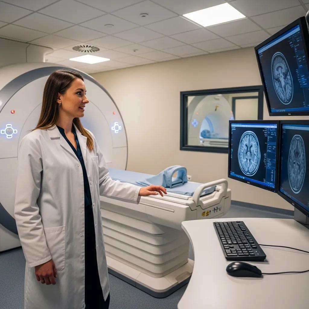 Graduate observing MRI equipment in a clinical environment, illustrating career possibilities