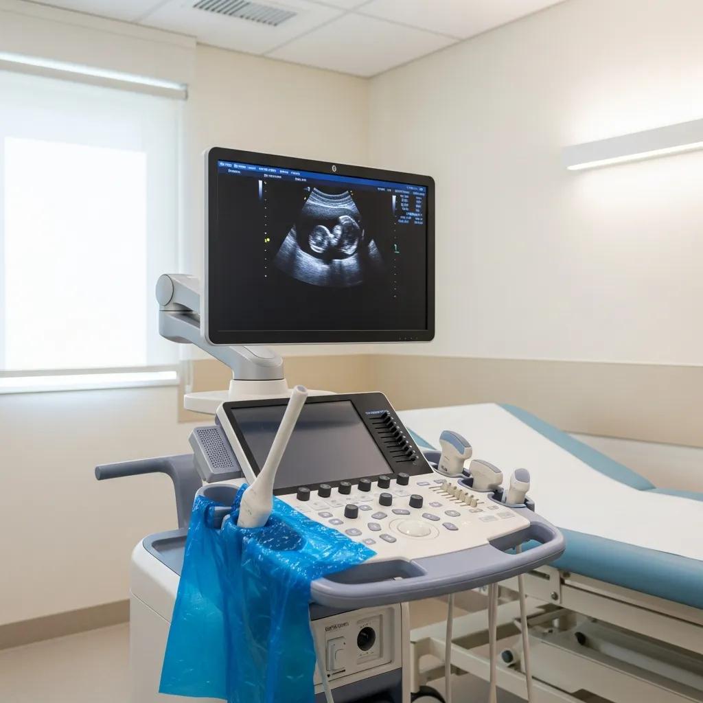 Medical ultrasound machine in a clinical setting with a sonogram display