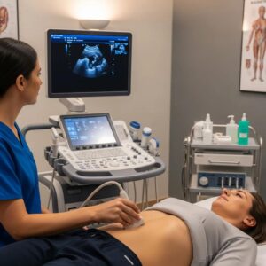 Medical ultrasound procedure with a sonographer and patient in a modern clinic
