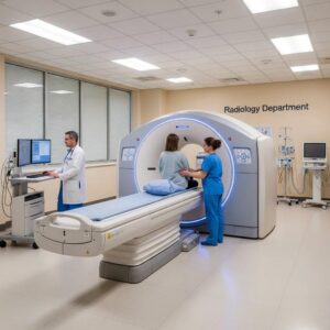 Modern CT scan machine in a clinical setting, emphasizing advanced technology and patient care