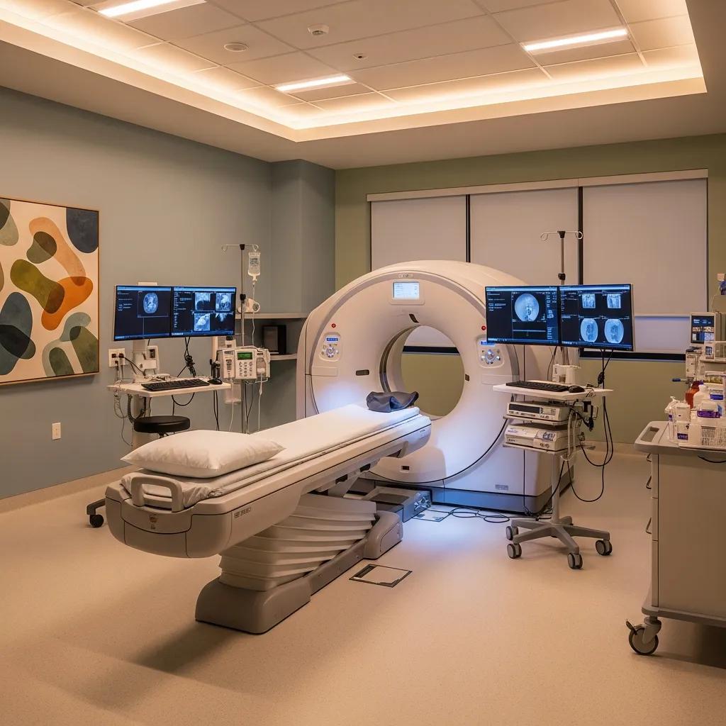 Modern CT scanner in a calming medical imaging room, emphasizing patient comfort and advanced technology