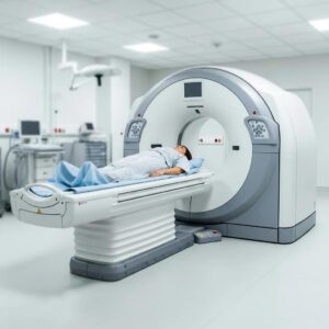Modern CT scanner in a clinical environment, highlighting advanced medical imaging technology