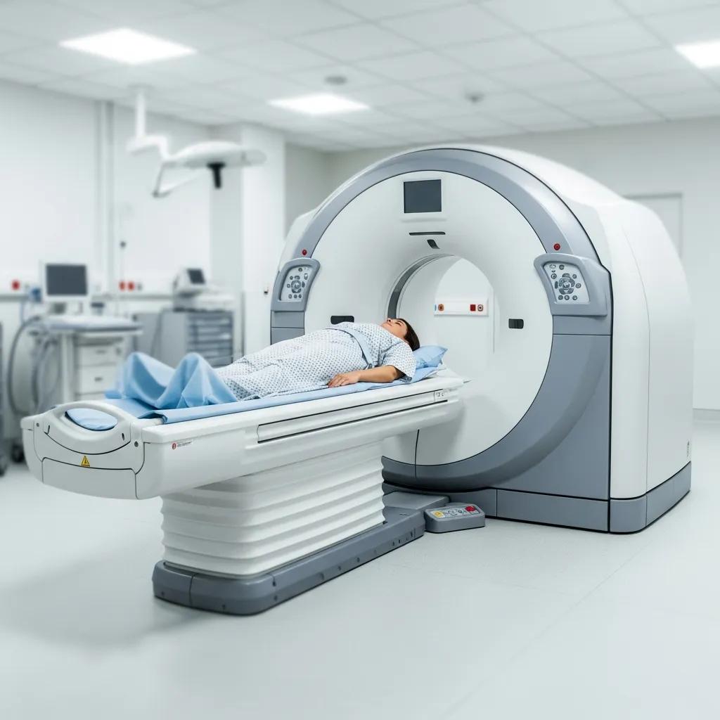 Modern CT scanner in a clinical environment, highlighting advanced medical imaging technology