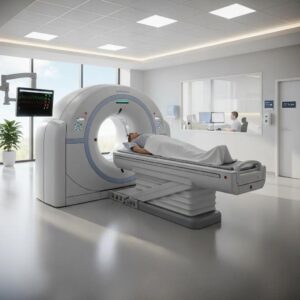 Modern CT scanner in a clinical setting, highlighting advanced medical imaging technology