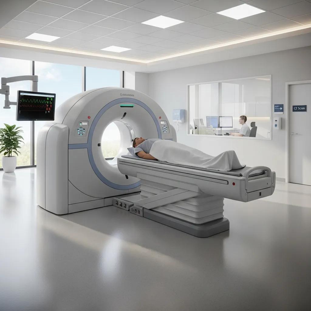 Modern CT scanner in a clinical setting, highlighting advanced medical imaging technology
