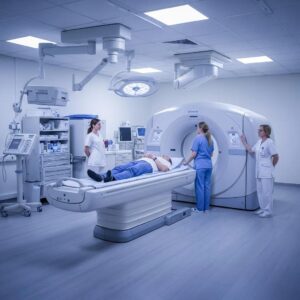 Modern CT scanner in a clinical setting with a patient and medical staff, emphasizing advanced imaging technology