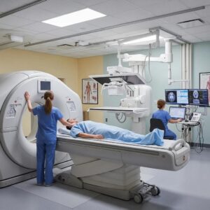 Modern diagnostic imaging room with advanced X-ray and CT scanning equipment