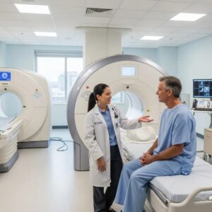 Modern diagnostic imaging room with CT and MRI machines, highlighting patient care and advanced technology