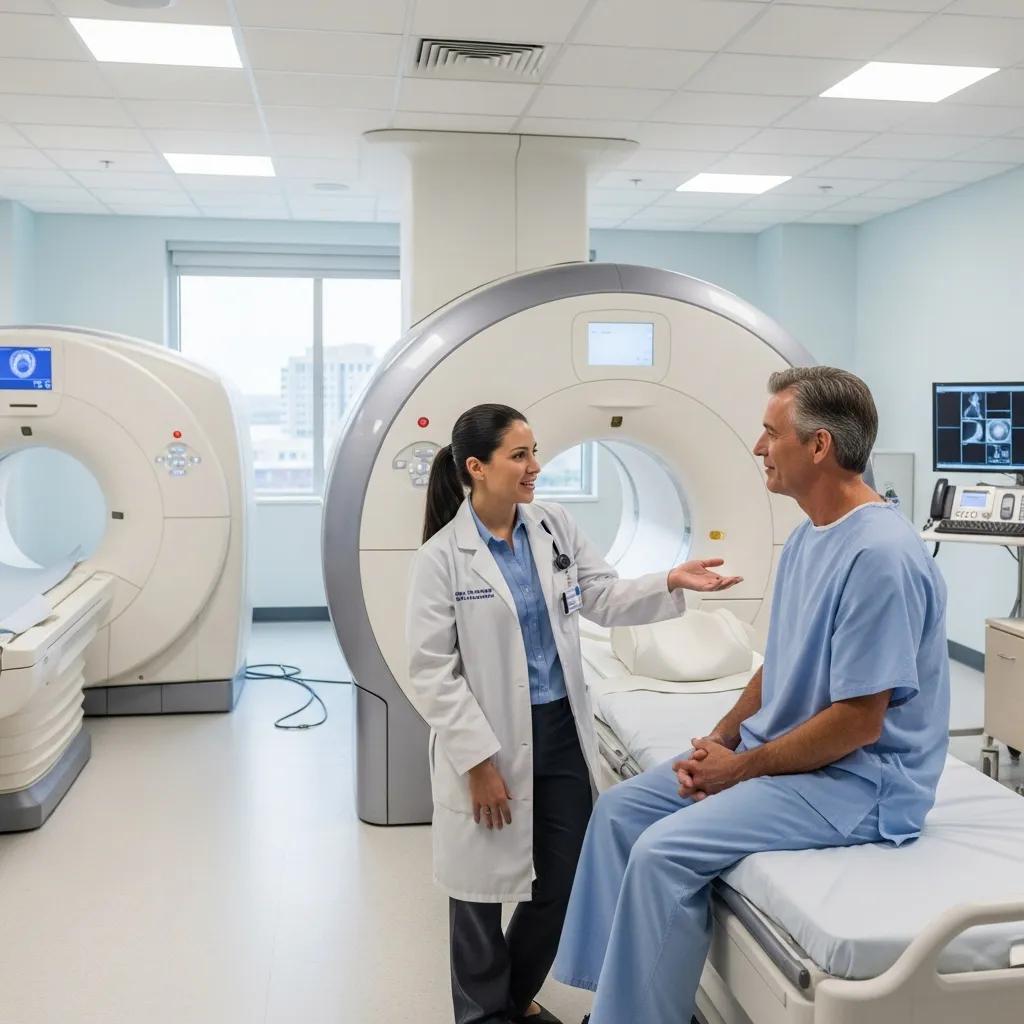 Modern diagnostic imaging room with CT and MRI machines, highlighting patient care and advanced technology