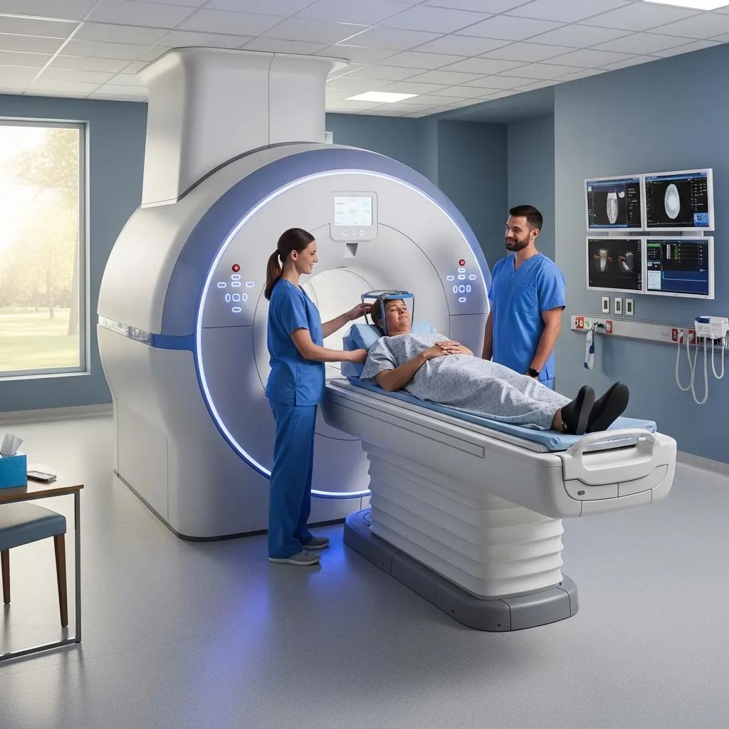 Modern diagnostic medical imaging room with MRI machine and patient preparation