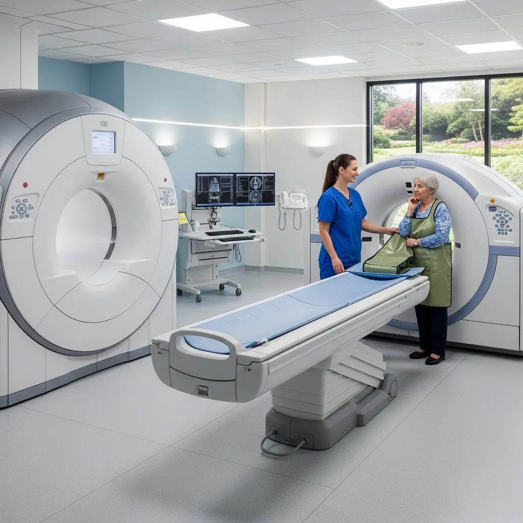 Modern diagnostic radiology room with advanced imaging equipment and healthcare professional
