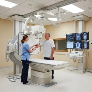 Modern digital X-ray equipment in a medical setting with a radiographer assisting a patient