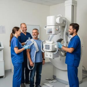 Modern digital X-ray machine in a clinical setting with patient preparation