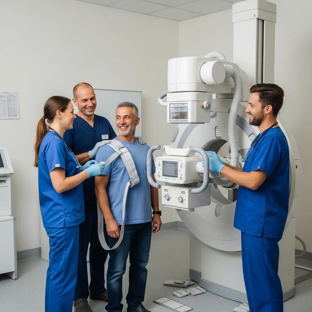 Modern digital X-ray machine in a clinical setting with patient preparation