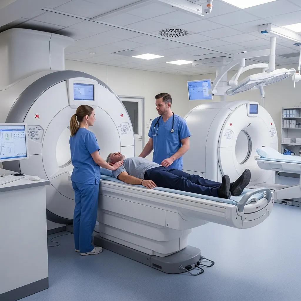 Modern hospital imaging room with MRI and CT machines, showcasing patient care and advanced technology