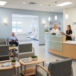 Modern medical imaging clinic reception with friendly staff and visible imaging equipment