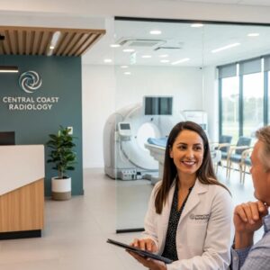 Modern medical imaging clinic with a radiologist and patient interaction