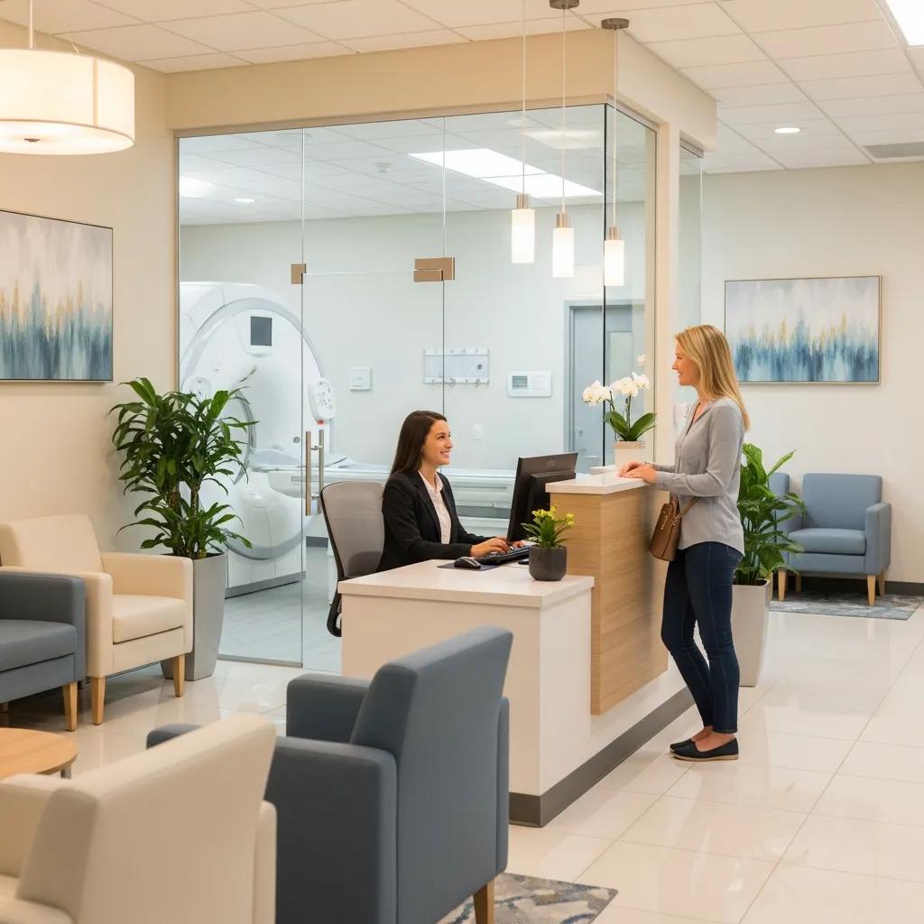 Modern medical imaging facility reception with friendly staff and visible imaging equipment