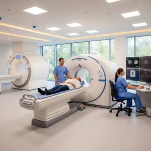 Modern medical imaging facility with advanced CT and MRI equipment, highlighting patient care and technology