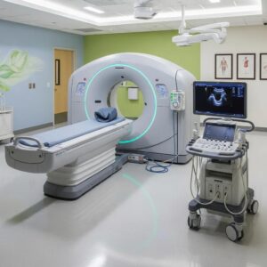 Modern medical imaging facility with advanced CT and ultrasound equipment