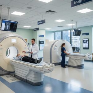Modern medical imaging facility with advanced diagnostic equipment and healthcare professionals