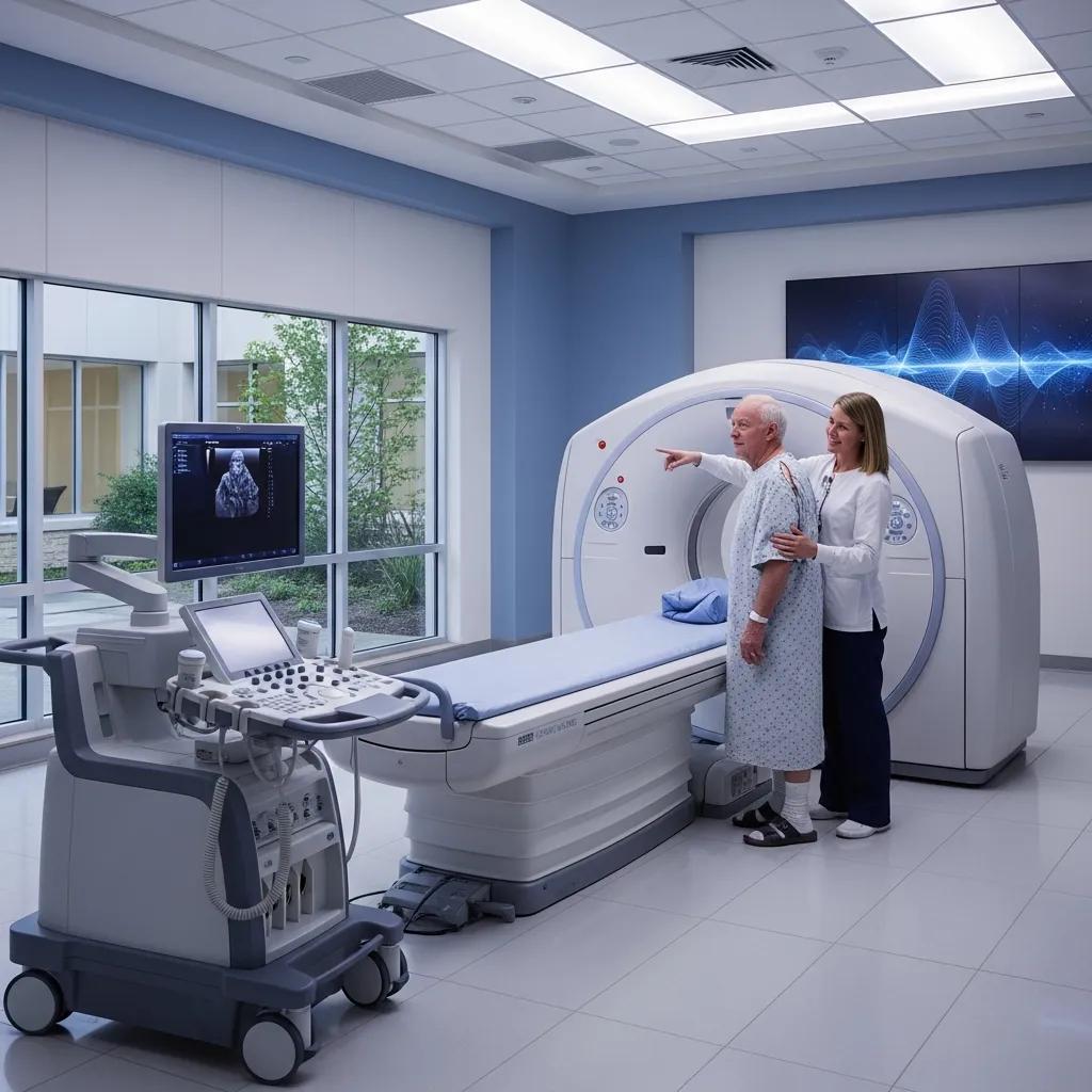 Modern medical imaging facility with advanced equipment and healthcare professional assisting a patient