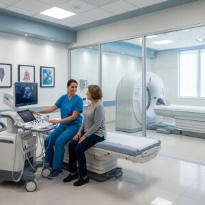 Modern medical imaging facility with advanced equipment and healthcare professional assisting a patient